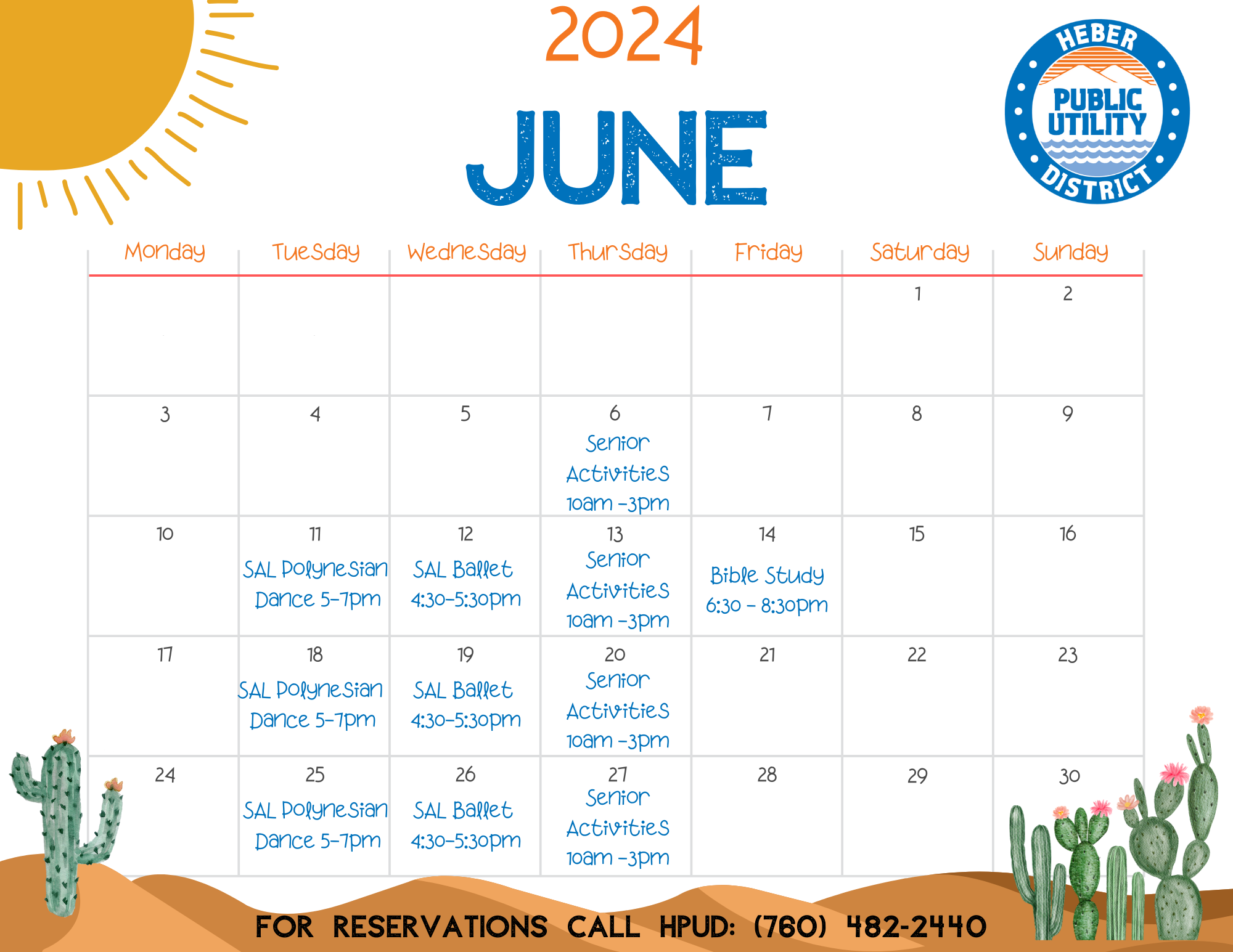 Rec Center Calendar for June 2024